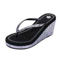 LINNUO Damen Zehentrenner Pantoletten mit Pailletten Sandalen Keilabsatz Sommer Flip Flop Plateau Strand Hausschuhe (Schwarz,37 EU) von Linnuo