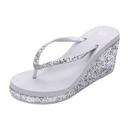 LINNUO Damen Zehentrenner Pantoletten mit Pailletten Sandalen Keilabsatz Sommer Flip Flop Plateau Strand Hausschuhe (Silber,37 EU) von Linnuo