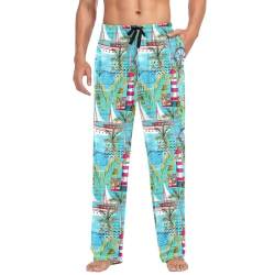 Herren Pyjamahose Tropischer Anker Leuchtturm Schiff Blätter Pyjama Loungewear 100% Baumwolle Pyjama Hose Nachtwäsche PJs Hose für Männer Jungen, mehrfarbig, XXL von Linomo