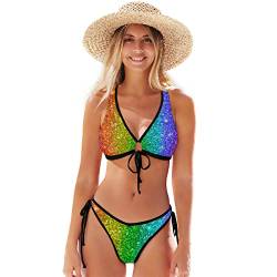 Linomo Bunt Regenbogen Druck Damen Bikini Set Zweiteiliger Badeanzug Bademode Swimsuit von Linomo