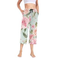 Linomo Damen Pyjamahose Blumen Blume Rose Damen Schlafanzughose 3/4 Lang Pyjamahose Nachtwäsche Schlafhose von Linomo