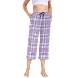 Linomo Damen Pyjamahose Gitter Lila Damen Schlafanzughose 3/4 Lang Pyjamahose Nachtwäsche Schlafhose von Linomo