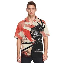 Linomo Herren Hawaiihemd, Japanischer Samurai Freizeithemden Button Down Casual Kurzarm Hawaiihemd Sommer Aloha Strand Hemden Beilaufig Hawaii Hemd von Linomo