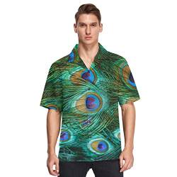 Linomo Herren Hawaiihemd, Pfau Feder Freizeithemden Button Down Casual Kurzarm Hawaiihemd Sommer Aloha Strand Hemden Beilaufig Hawaii Hemd von Linomo