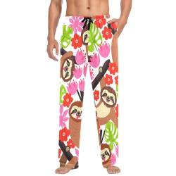 Linomo Herren Pyjamahose Blumen Blume Faultier Schlafhose Loungehose Lang Baumwolle Pyjamaunterteil Pyjamahose Freizeithose Loungehose für Männer von Linomo