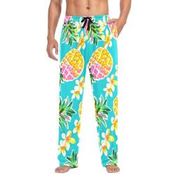 Linomo Herren Pyjamahose Tropisch Ananas Blume Schlafhose Loungehose Lang Baumwolle Pyjamaunterteil Pyjamahose Freizeithose Loungehose für Männer von Linomo