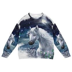 Linomo Kids Sweatshirt Weiß Pferd Nacht Himmel Langarmshirts Kinder Langarm Tops Rundhals T-Shirt Pullover für Jungen Mädchen von Linomo