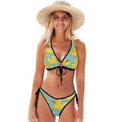 Linomo Süß Gelb Enten Muster Damen Bikini Set Zweiteiliger Badeanzug Bademode Swimsuit von Linomo
