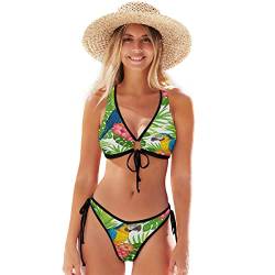 Linomo Tropisch Papagei Blume Blätter Damen Bikini Set Zweiteiliger Badeanzug Bademode Swimsuit von Linomo