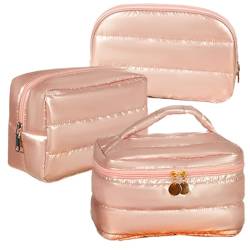 Linpr Make-up-Tasche, 3-teiliges Kosmetiktaschen-Set, PU-gestreifter Leder-Kulturbeutel, tragbar, wasserdicht, Reise-Make-up-Organizer, niedliche Make-up-Taschen für Frauen und Mädchen, Pink-Down, von Linpr