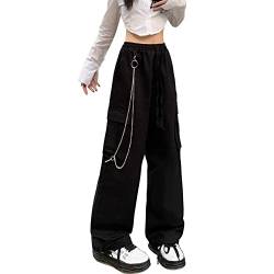 Linsennia Cargohose Damen Y2k mit Kette Weite Parachute Pants Mädchen High Waist Streetwear Gothic (Black,XL) von Linsennia
