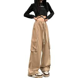 Linsennia Cargohose Damen Y2k mit Kette Weite Parachute Pants Mädchen High Waist Streetwear Gothic (Khaki,XXS) von Linsennia