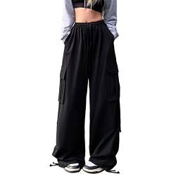 Linsennia Parachute Pants Y2k Cargohose Damen Baggy Hose Mädchen Weite Cargo Pants High Waist Streetwear (Black,L) von Linsennia