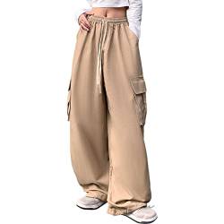 Linsennia Parachute Pants Y2k Cargohose Damen Baggy Hose Mädchen Weite Cargo Pants High Waist Streetwear (Khaki,XL) von Linsennia