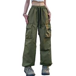 Linsennia Weite Cargohose Damen Sommer Entspannte Passform Y2k Parachute Pants High Waist Freizeithose Teenager Mädchen (Army Green,L) von Linsennia