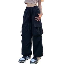 Linsennia Weite Cargohose Damen Sommer Entspannte Passform Y2k Parachute Pants High Waist Freizeithose Teenager Mädchen (Black,L) von Linsennia