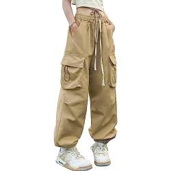 Linsennia Weite Cargohose Damen Sommer Entspannte Passform Y2k Parachute Pants High Waist Freizeithose Teenager Mädchen (Khaki,L) von Linsennia