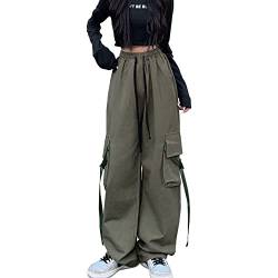 Linsennia Y2k Cargohose Damen Baggy Parachute Pants Teenager Mädchen Weite High Waist Streetwear (Army Green,M) von Linsennia