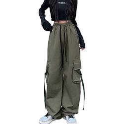 Linsennia Y2k Cargohose Damen Baggy Parachute Pants Teenager Mädchen Weite High Waist Streetwear (Army Green,S) von Linsennia