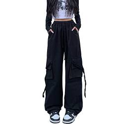 Linsennia Y2k Cargohose Damen Baggy Parachute Pants Teenager Mädchen Weite High Waist Streetwear (Black,L) von Linsennia