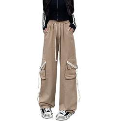 Linsennia Y2k Cargohose Damen Baggy Parachute Pants Teenager Mädchen Weite High Waist Streetwear (Khaki,S) von Linsennia