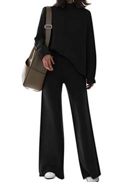Frauen 2-teiliges Outfit High Neck Strickpullover Weites Bein Hose Sweatsuit Lounge Sets, A-Schwarz, M von Linsery