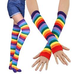 Bunte Gestreifte Socken Damen Überknie Kniestrümpfe Overknee-Strümpfe, Niedlich, Bunt, Regenbogen-Socken, Cosplay-Party Linsition von Linsition