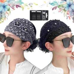 2024 Women's Floral Lace Headwrap, Pearl Embedded Floral Lace Headband Kerchief, Lace Headbands for Women, High Elastic Mesh Headwrap Spring Summer Elegant Hair Accessories (2pcs-B) von Liocwocne