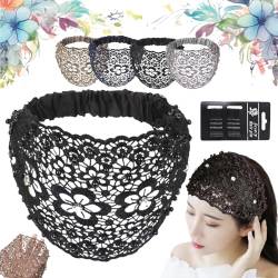 2024 Women's Floral Lace Headwrap, Pearl Embedded Floral Lace Headband Kerchief, Lace Headbands for Women, High Elastic Mesh Headwrap Spring Summer Elegant Hair Accessories (Black-B) von Liocwocne