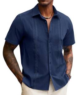 Lion Nardo Guayabera Leinenhemden für Herren, kurzärmelig, Button-Down-Shirt, kubanische Hemden für Herren, Sommer, Strandhemden, Marineblau, 3X-Groß von Lion Nardo