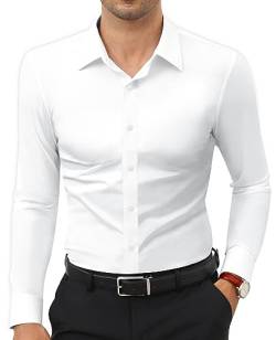 Lion Nardo Herren Stretch Dress Shirts Langarm Muscle Fit Kleid Shirts für Männer Slim Fit Casual Button Down Shirts, Farbe: Weiß, XL von Lion Nardo