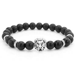 Lion&Son Löwen Armband Gold Silber Lion Tiger Matt-Perlen Onyx Damen-Gummi-Band Herren-Schmuck Obsidian, Silber von Lion & Son