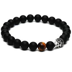 Lion & Son Totenkopf-Armband - Skull Schädel Herren-Perlenband Schwarz Biker Rocker Tigerauge Perlen, Länge:16 cm von Lion & Son