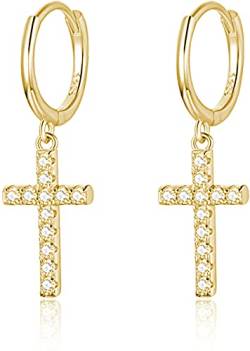 925 Sterling Silber Creolen mit Anhänger 14K Vergoldet I Ohrringe für Damen, Mädchen und Frauen I Kreolen hängend mit Steinen und Kreuz (Gold) von Lisandra Scott