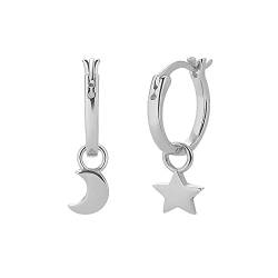 925 Sterling Silber Creolen mit Anhänger Ohrringe für Damen, Mädchen und Frauen Kreolen hängend klein mit Mond und Stern (Silber) von Lisandra Scott