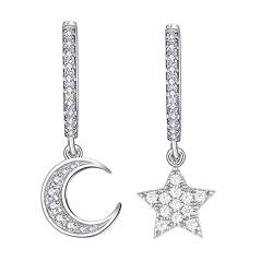 925 Sterling Silber Creolen mit Anhänger Ohrringe für Damen, Mädchen und Frauen Kreolen hängend klein mit Mond und Stern (Silber - mit Strass) von Lisandra Scott