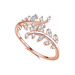 925 Sterling Silber Ring Olivenzweig Blätter mit Zirkonia Steinen Verstellbar I Echtsilber Blumenring Zweig Blatt Ringe mit Blüte für Damen und Frauen (Rosegold) von Lisandra Scott