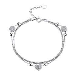 Lisandra Scott 925 Sterling Silber Damenarmband mit Funkelnden Herz-Perlen Anhänger I Mehrreihig Damen Armkette mit Steinchen aus Echtsilber Frauen Armband (Silber) von Lisandra Scott