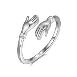 Umarmungsring aus 925 Sterling Silber, Umarmende Hände Design mit funkelnden Zirkonia Steinen, “Ausdruck von Zuneigung und Liebe”, Ring für Damen und Frauen aus Echt Silber (Silber, 56) von Lisandra Scott