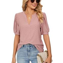 Lishang Musselin Bluse Damen Elegant Kurzarm Blusenshirt Oberteile Sommer Tshirt V Ausschnitt Casual Blase Ärmel Lose Blusen Tops Tuniken Shirt für Dame von Lishang