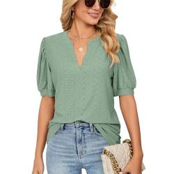 Lishang Musselin Bluse Damen Elegant Oberteile Sommer Tshirt Kurzarm V Ausschnitt Casual Blase Ärmel Lose Blusen Tops Tunika Shirt von Lishang