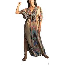 Lishengping Damen Tunika Lang Kaftan Kleid Nachthemd Maxi Strand Casual Kleid Übergröße Kaftan, Braun-1, Einheitsgröße von Lishengping