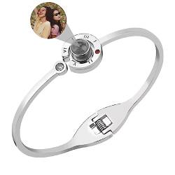 Liskanap Personalisierte Foto Armband Rund/Herz Projektion Armband mit Eigenen Bild im Stein Lupe Foto Armbänder Verstecktem Fotoarmband für Frauen Damen Freundschaft Silber Rose Gold Einstellbar von Liskanap