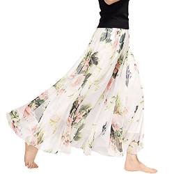 Lisli Damen Chiffon Rock Lang Bohemian Festlich Rock Sommer Hoch Taille A Linie Maxirock Blumenmuster Strandrock Bodenlang Swing Rock von Lisli