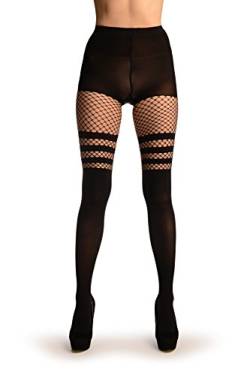 LissKiss Black Opaque With Striped Fishnet Top - Schwarz Strumpfhose, Einheitsgroesse (34-42) von LissKiss