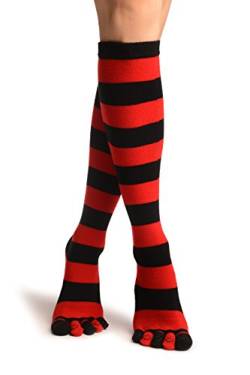 LissKiss Black & Red Stripes & Printed Smiles Knee High Toe Socks - Rot Zehensocken Einheitsgroesse (37-42) von LissKiss