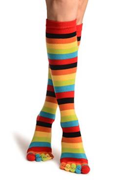 LissKiss Red, Green & Yellow Stripes & Printed Smiles Knee High Toe Socks - Mehrfarbig Zehensocken Einheitsgroesse (37-42) von LissKiss