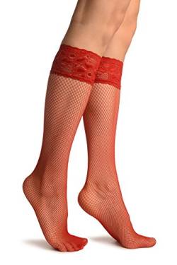 LissKiss Red Fishnet With Silicon Lace Socks Knee High - Rot Socken, Einheitsgroesse (37-42) von LissKiss