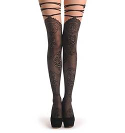 LissKiss Vintage Lace Faux Stockings With Ribbon & Bow - Schwarz Strumpfhose Einheitsgroesse (34-42) von LissKiss