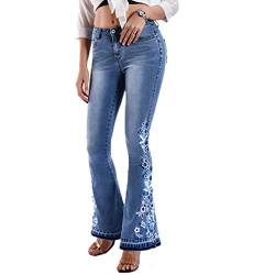 Bell Bottom Jeans für Frauen, ausgestelltes Blumenmuster, bestickte Jeans, weites Bein, Denim-Hose - - 40 von Lisskolo